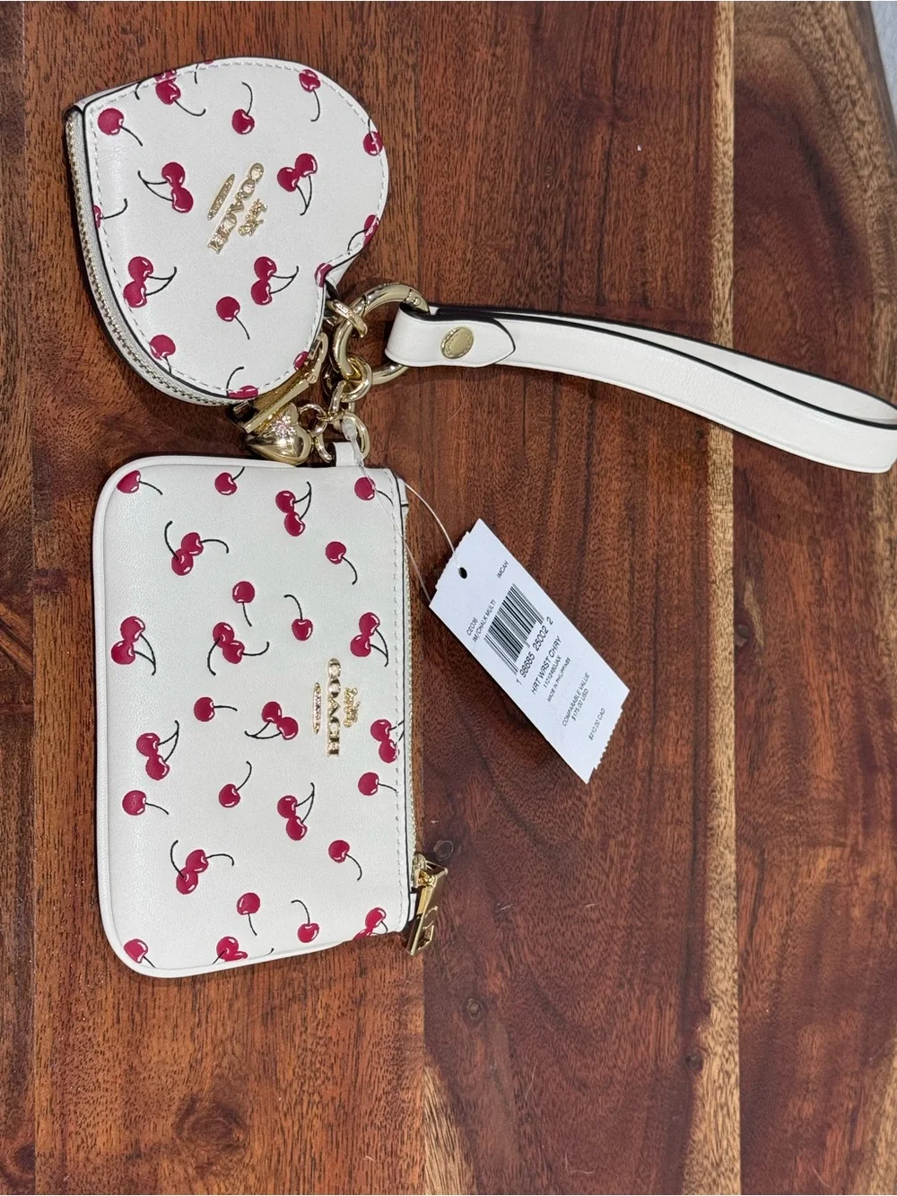 Coach White Cherry-Print Wristlet Card Case with Heart Coin Pouch